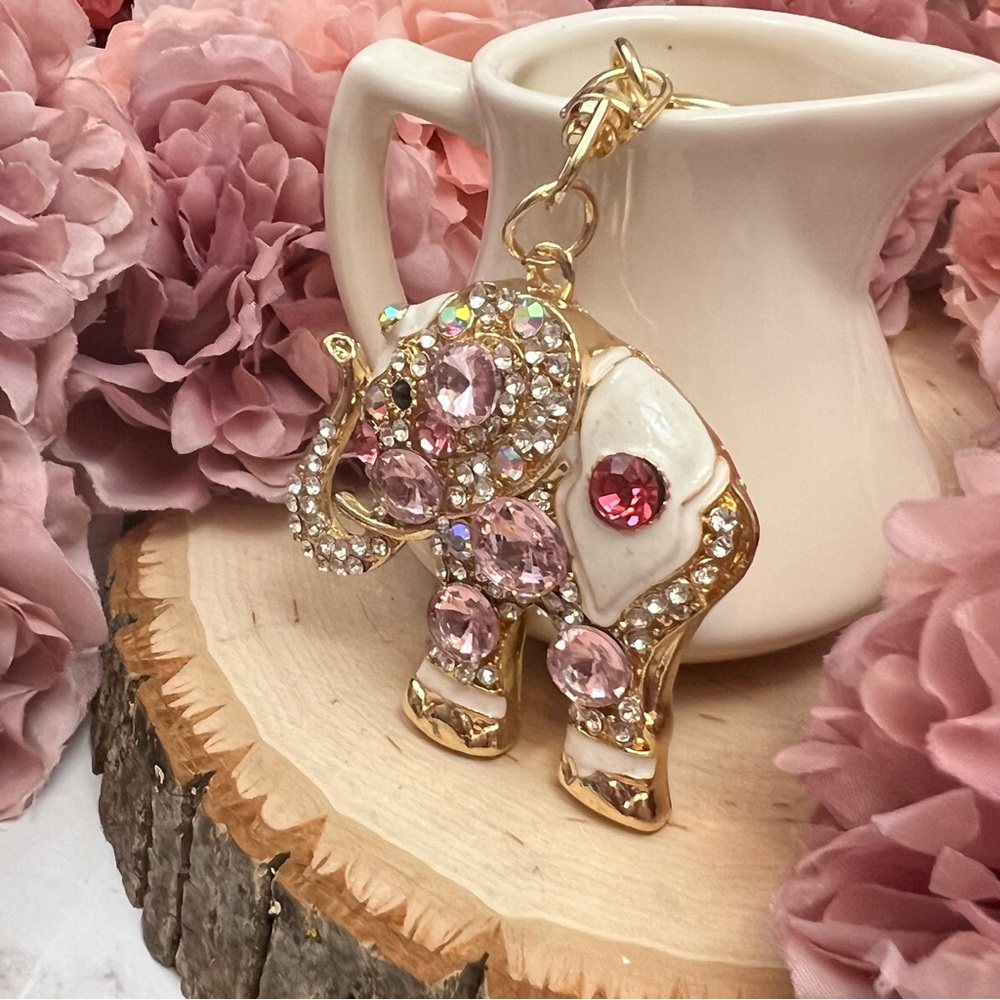 Gorgeous Ornate Pink Crystal Elephant Keychain Charm - Picture 5 of 15